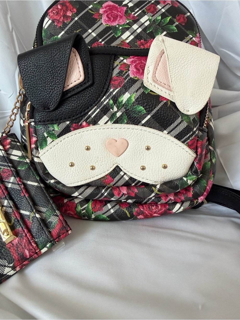 Betsey Johnson Black Plaid Floral Cat Mini Backpack - Picture 3 of 14